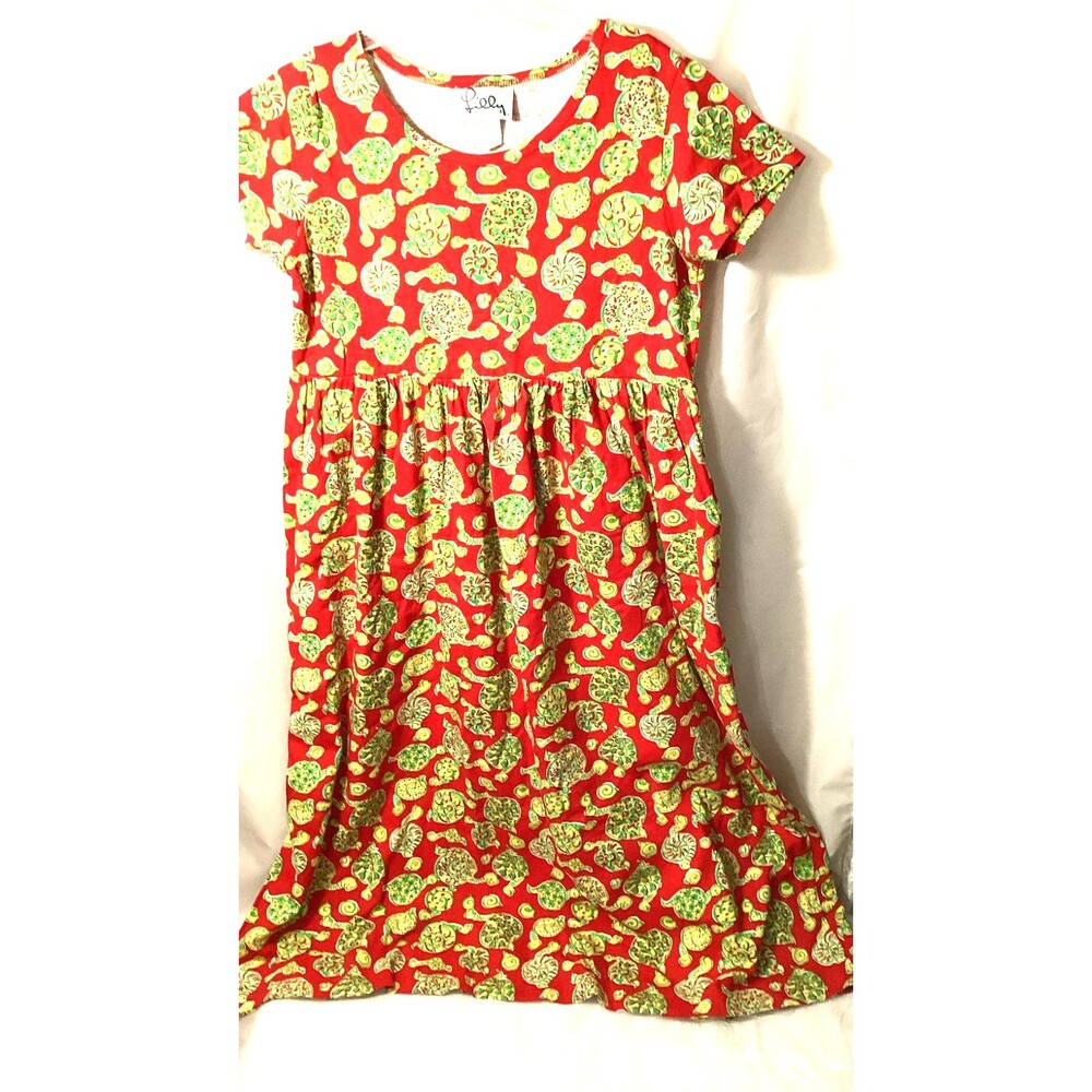 RARE Vintage Lilly Pulitzer Red, Yellow Cotton Rollin' Turtle Dress L Dopamine
